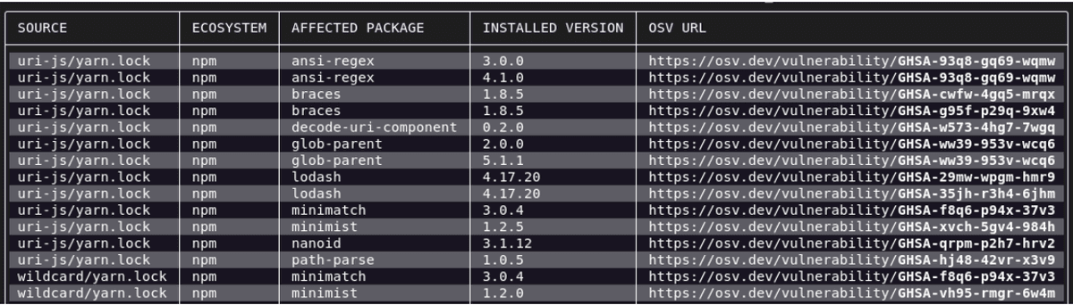 OSV-Scanner vulnerability output